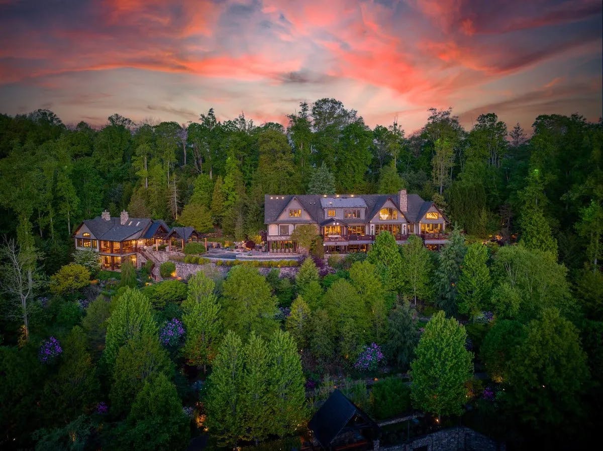 A beautiful drone image of Deerhaven Gardens in Asheville North Carolina